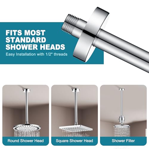 BRIGHT SHOWERS Shower Arm with Flange for Rainfall Shower Head, 12 Inch Ceiling Mount Straight Arm, Replacement Extension Pipe, Heavy-Duty Stainless Steel, Rust-Resistant, 1/2" NPT, Chrome - color: Chrome, style: 12 Inch