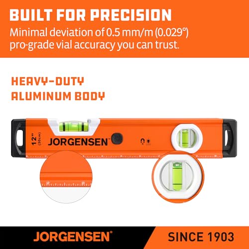 JORGENSEN 12" Magnetic LED Box Level, 90°/180° Torpedo Lighted Leveler Tool - size: 12 inch