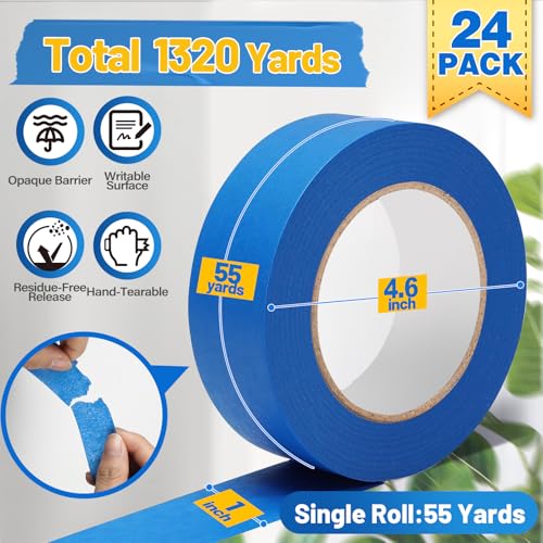Aheroi Painters Tape, Masking Tape 1 Inch Wide Blue Tape 24 Rolls(1320yds) - color: 1in*55yd*24
