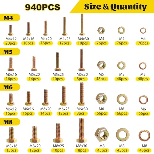 940PCS M4 M5 M6 M8 Metric Hex Bolts Assortment Kit,Lenght 12mm-30mm - size: M4 M5 M6 M8 940pcs