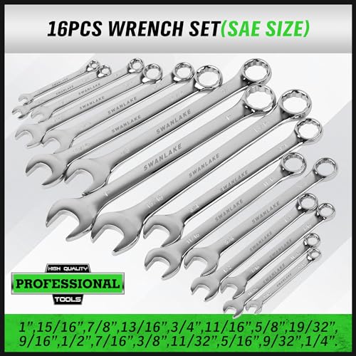SWANLAKE 32-Piece Combination Wrench Set, SAE and Metric, 1/4"-1" & 7mm-22mm, 12 Point, Chrome Vanadium Steel - style: 32-Piece Combination