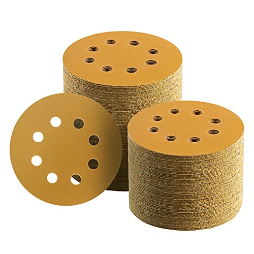 100 Pcs 5 Inch Sanding Discs Hook and Loop, 8 Hole Gold Premium 320 Grit Dustless Random Orbit Sandpaper for Woodworking or Automotive - style: 320 Grit-100 Discs