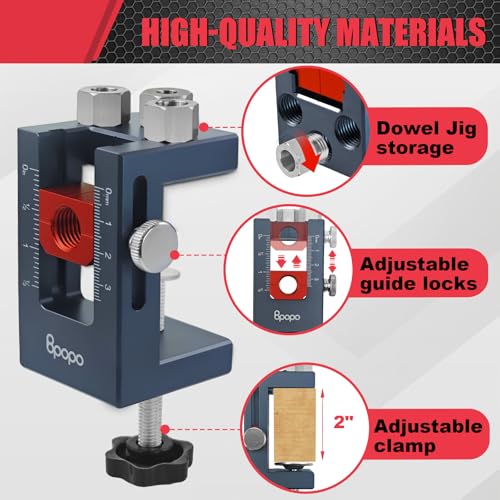 Self-Centering Doweling Jig Kit for Woodworking – Adjustable Width Dowel Jig for Straight Holes with 3 Drill Guide Bushings & 3 Drill Bits (1/4'',3/8'',5/16'')，Woodworking Joints Tools