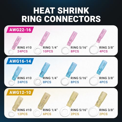 112Pcs Marine Grade Heat Shrink Ring Connectors Kit #10,1/4",5/16",3/8", Thickened Tinned Red Copper Wire Terminals, 3:1 Waterproof Insulated Crimp Connector Assortment for Boat Automotive RV