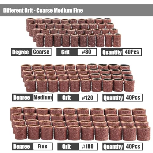 Yakamoz 132Pcs Aluminum Oxide Sanding Drums Kit, 80/120/180 Grit Sanding Sleeves with 3mm Shank Drum Mandrels, 1/4'' 3/8'' 1/2'' Drum Sander Bits Tool Accessories for Dremel Rotary Tools