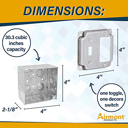 Pack of Box and Cover 4'' Square Electrical Box, One Toggle/One Rocker Switch Exposed Work Cover, Crushed Corners, Welded Construction, Ten 1/2'' and Six TKO Knockouts, Raised Ground, 2-1/8'' Deep - size: Toggle / Rocker