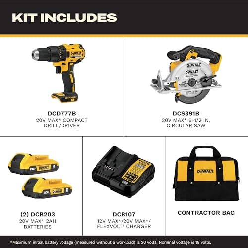 DEWALT 20V MAX Cordless Drill Driver and Circular Saw Combo Kit with 2 x 2 Ah Batteries and Charger, Contractor Bag (DCK252D2) - size: 2 Tool Combo Kit