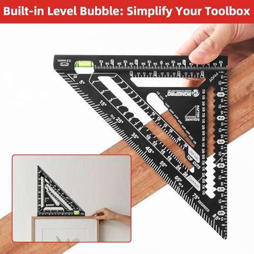 7inch Rafter Square with Level Vial, Heavy Duty Multi-Purpose Aluminum Triangle Ruler with Carpenter Pencil for Woodworking and Home DIY