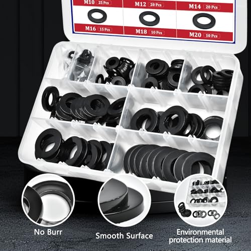 240pcs Nylon Large Flat Round Washer Spacer,9 Sizes Black Flat Washers Assortment Kit,Countersunk Plastic Spacer Thickness Gasket Ring Hardware Tool Fastener for Screw M5 M6 M8 M10 M12 M14 M16 M18 M20