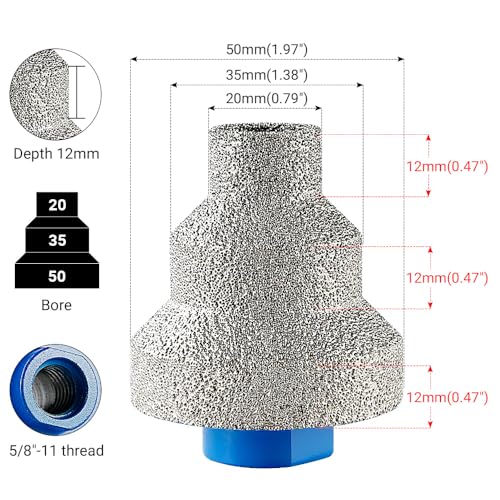 LOZLIN 20/35/55mm Dry Wet Diamond Hole Saw,Vacuum Brazed Step Drill Bit 5/8-11 Thread Anti Chip Hole Opener for Tile Porcelain Granite Marble Quartz Stone Drilling for Angle Grinder