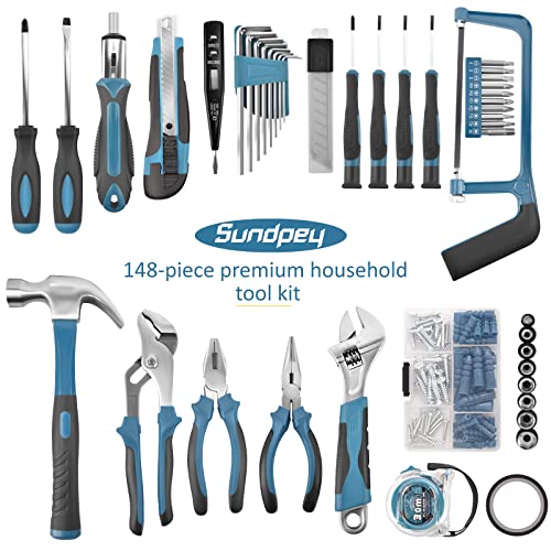 Sundpey 148 Pcs Portable Basic Hand Repair Home Tool Kit Set with Case Blue - color: Blue