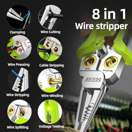 SEESE 8-in-1 Wire Stripper for Electrician: Needle Nose Pliers with Voltage Tester & Dual Alarms - Electrical Pliers for Cutting Wires, Pulling Wires and Crimp Wires