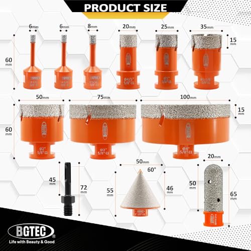 BGTEC Diamond Hole Saw Kit Marsonry Drill Bits,5/8-11 Thread 12pcs 6/6/8/20/25/35/50/75/100mm Drill Bits+20mm Milling Finger Bit+2" chamfering Bit+SDS for Granite Marble Porcelain Tile Ceramic - size: 12 pcs - 6/6/8/20/25/35/50/75/100mm, style: Flash Toot