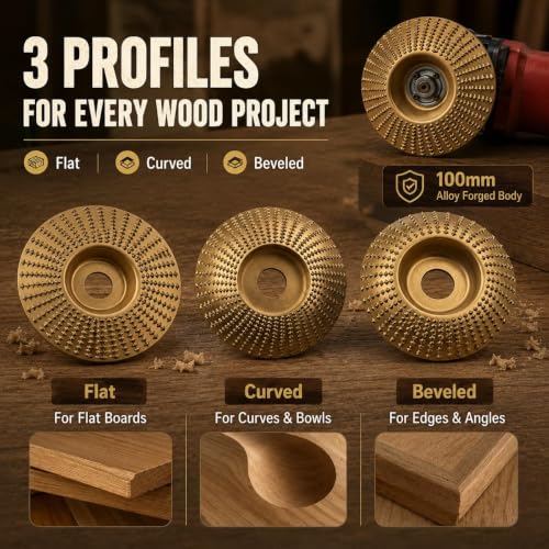 3PCS Angle Grinder Polishing Pad, Wood Grinding Disc Set for Angle Grinder, Tungsten Carbide Grinding Wheel Wood Carving for Cutting, Wood Sanding Polishing and Surface Finishing (Mix,Gold)