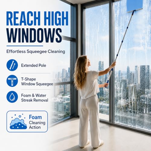 Window Squeegee with 75" Extension Pole, ITTAR Rubber Water Wiper for Glass - color: Blue&white-4