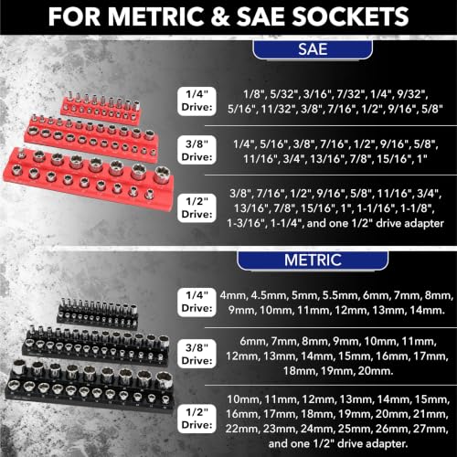Bates- Magnetic Socket Organizer Set, 6 pcs, 1/2", 1/4" and 3/8" - color: Black & Red, size: 6 Pack