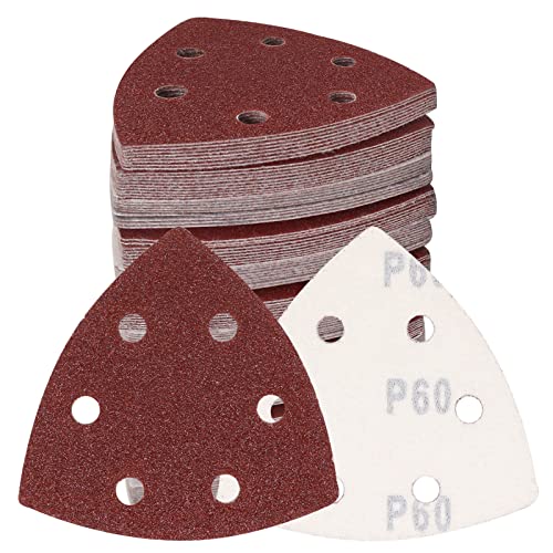 120 Pcs Triangle Sanding Pads, 60 Grits Detail Sander Sandpaper Hook and Loop Sanding Sheet,3.54"(90mm) Triangular Sandpaper for 3.5" Oscillating Multi Tool - size: 60 Grit, style: Hole