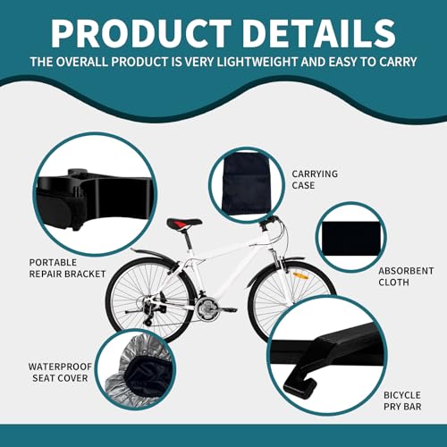 Portable Bike Repair Kit -- Magic Patch Maintenance Bracket for Bicycles, eBikes & Mountain Bikes, Tire Pry Bar, Waterproof Seat Cover, Carrying Case, Absorbent Cloth -- Compact Emergency Tool Set for Roadside & Home Repair