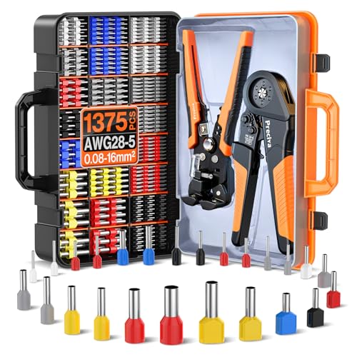 Preciva Ferrule Crimping Tool Kit - AWG 28-5 Hexagonal Ferrule Crimper with Automatic Wire Stripper and 1375Pcs Single/Twin Ferrule Connectors, Self-Adjustable Ratchet Ferrule Terminals Crimping Tool