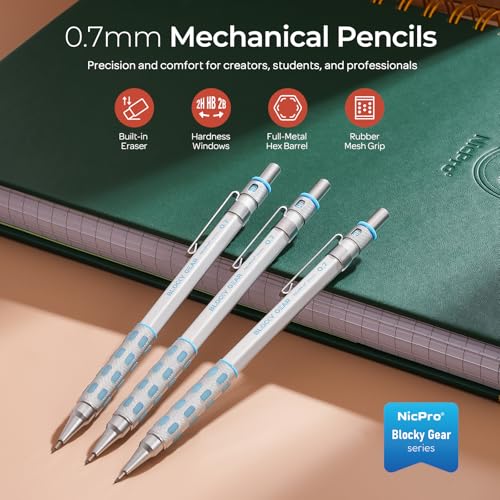 Nicpro Blocky Gear Mechanical Pencils 0.7 mm with Case, 3 Pack - style: 0.7mm