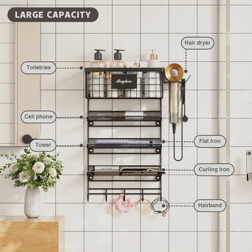 Magheo Hair Dryer Holder Wall Mounted, Adheisve Hair Styling Tool Organizer for hair Brush/Appliance Wall Mount with 5 Tier Shelf Basket Hooks Blow Dryer and Straightener Holder for Bathroom(Black) - color: Black