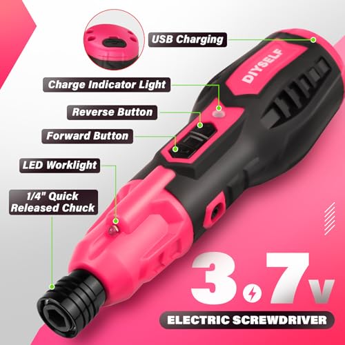 DIYSELF Electric Screwdriver, Cordless Power Screwdriver Set, 28-Piece,Pink - color: Pink