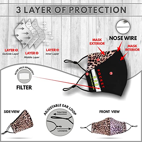 Washable Face Mask with Adjustable Ear Loops & Nose Wire - 3 Layers, Made in USA - color: Leopard Pattern