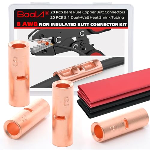 BAALA 20 PCS 8 Gauge Non-Insulated Butt Connectors Kit Bare Copper, 20PCS Seamless Barrel Crimp Butt Splice Connector Wire Connectors with 20PCS 3:1 Heat Shrink Tubes - color: Bare Copper