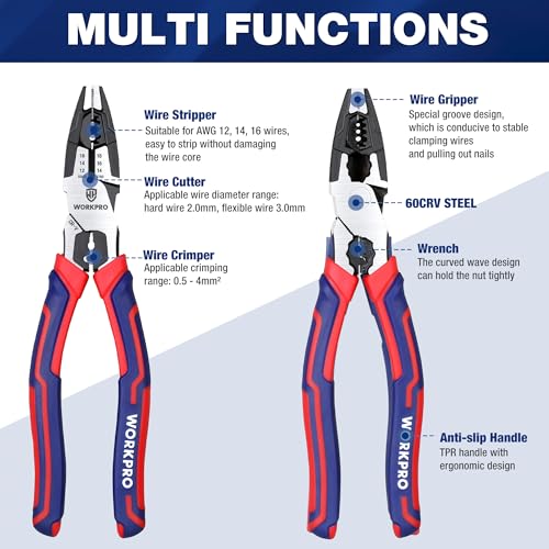 WORKPRO 6-in-1 Linesman Pliers with Wire Cutter and Stripper, 8 Inch