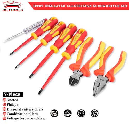 BILITOOLS 1000V Insulated Electrician Screwdriver & Pliers Set - 7pcs Electrical Tools Kit with Magnetic Phillips, Slotted Screwdrivers, VDE & GS Certified - color: 7pc Screwdriver & Pliers Set, size: Insulated Screwdriver Set