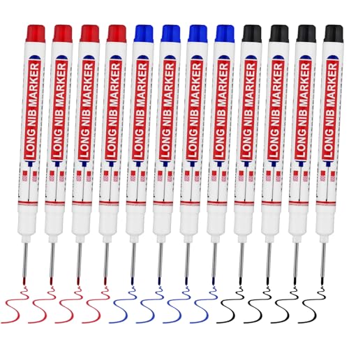 12 PCS Long Head Deep Hole Marker Pens,20mm Long Nib Marker, Longs Nose Markers, Waterproof Construction Markers Marking Tool,Permanent Markers Carpenter Ink marker Pens,Metal marking Pens 02 - color: 12PCS-20MM-Red/Blue/Black