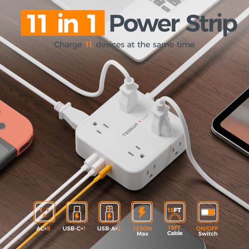 TESSAN Surge Protector Power Strip with 900J Surge Protection, 15 Ft, White - color: White with 1 USB C, size: 15 feet