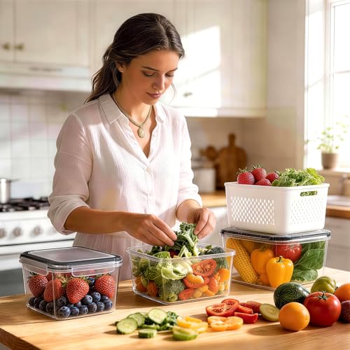 HOMETALL 5 Pack Fruit Storage Containers for Fridge Set, Fruit Washing Bowl with Strainer, Reusable Fridge Organizers and Storage for Berry Salad Lettuce, Size 4.5, 3.4, 1.8, 0.9, 0.4QT - size: 5PCS
