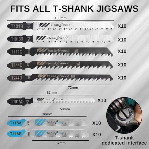 T-Shank Multi-Purpose Jigsaw Blades Set with Storage Case, Made with HCS/HSS, Assorted T-Shank Jig Saw Blades for Wood, Plastic and Metal Cutting (JSB80A 80Pcs Set) - style: JSB80A 80Pcs Set