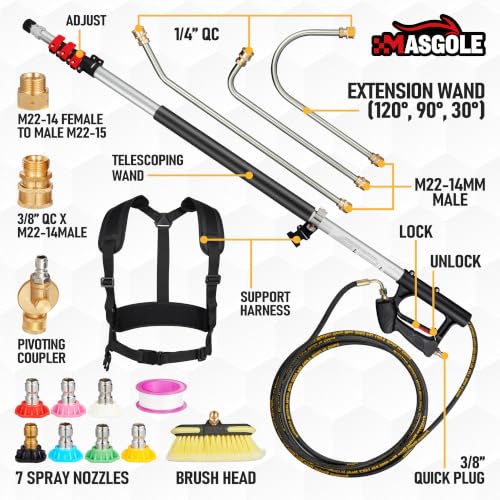Pressure Washer Wand 24FT Telescoping with Pressure Washer Extension Wand, Gutter Cleaning Tools - Extension Pole, Brush Head, 7 Spray Nozzle Tips, Support Belt & Hose Adapters