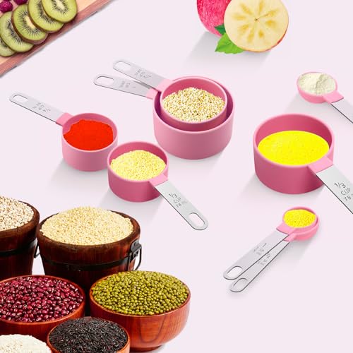 Measuring Cups Set Measuring Spoons Set, Nesting Measure Cups with Stainless Steel Handle, For Measuring Dry and Liquid Ingredients Small Teaspoon with Plastic Head (Pink) - color: Pink