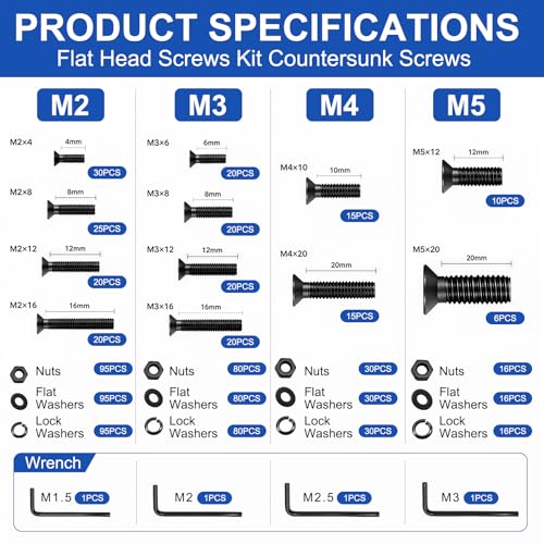 Taiss 888PCS M2 M3 M4 M5 Screw Kit,Flat Head Metric Bolts Assortment,10.9 Grade Alloy Steel,Countersunk Machine Screws,Black Nuts and Bolts for 3D Printer,Mechanical Hardware,with Hex Wrenches - size: 888PCS M2 M3 M4 M5