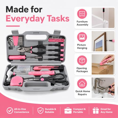 62-Piece Household Tool Kit with Pink Storage Case, Home Repair Tool Set with Hammer, Pliers, Screwdrivers, Hex Keys, Tape Measure, Utility Knife and Scissors for DIY, Apartment, Dorm and Office