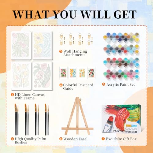 Okarina 4 Pack Paint by Numbers Kit for Adults with Frame, Easy Flower - color: OP4FUS2506-03