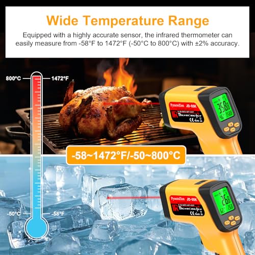 Infrared Thermometer Gun, Dual-Mode with Non-Contact IR & K-Type Thermocouple Probe Meature, -58°F to 1472°F High Accuracy Laser Temperature Gun with Emissivity, Humidity, for Cooking, Industrial Use