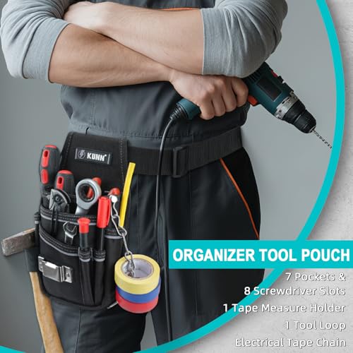 KUNN Electrician Tool Pouch with Belt Clip - 7-Pocket Lightweight Small Tool Belt Pouches for Carpenters, Technicians, HVAC - Heavy Duty Multi-Pocket Organizer for Construction, Maintenance, DIY Tools - color: Gray