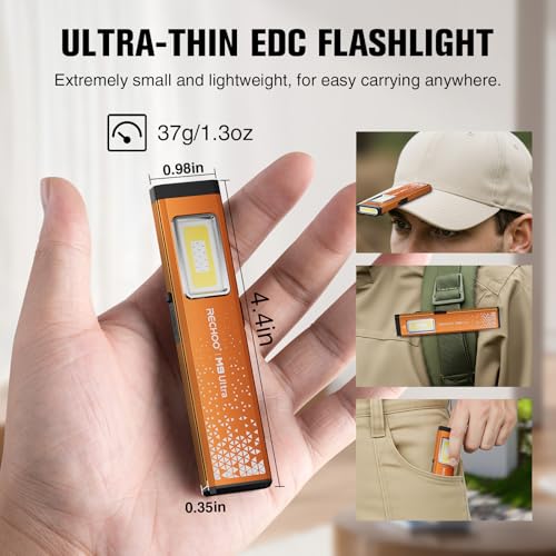 RECHOO Flat EDC Flashlight Rechargeable, 8-Mode Slim Pocket Flashlight with Magnetic Base & Clip, Lightweight Mini Rechargeable Flashlights for Everyday Carry, Working, Camping, Car Repair & Emergency - color: Orange
