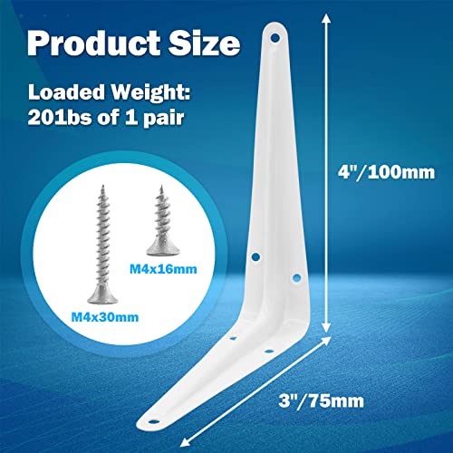 4 Inch Shelf Brackets, 12pcs, White L Bracket - size: 3x4 Inch-White