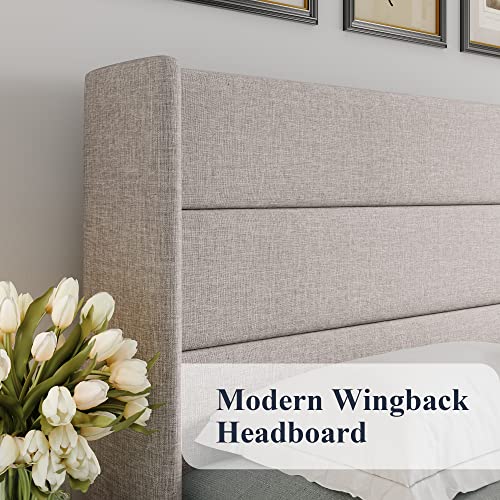 Allewie King Size Lift Up Hydraulic Storage Bed Frame Light Beige - color: Beige, size: King, style: Modern
