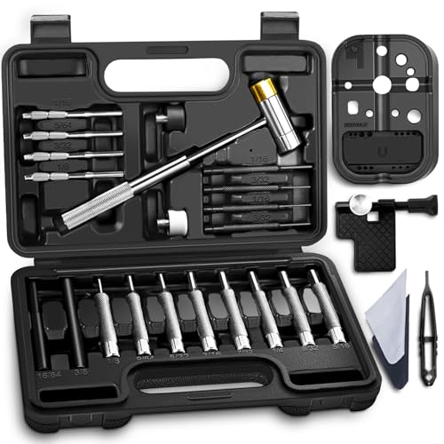 BESTNULE 26pc Roll Pin Punch Set with Bench Block & Pivot Pin Tool & Hammer - size: 26-piece set