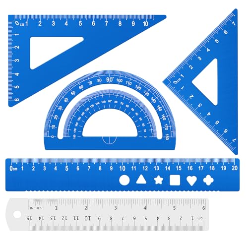 Honagu Triangular Ruler Set, 4+1Pieces Aluminum Alloy Ruler, Metal Drafting Ruler, Geometric Protractor for Students, School Office Supplies (Sky blue, 20cm) - color: Sky Blue