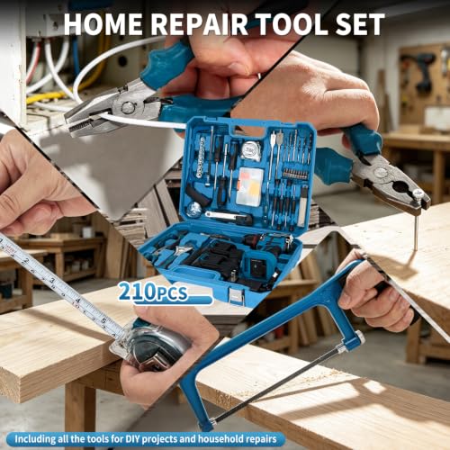 21V Cordless Drill Driver Combo Kit, Brushless Power Drill Tool Set with 2x2.0Ah Battery, 210-PCs Portable General Basic Home Repair Tool Set, Electric Drill Kit for Daily Home Repair, DIY