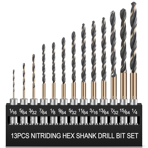 Hex Shank Drill Bit Set 13PCS, HSS Nitriding Coated, 1/16IN-1/4IN