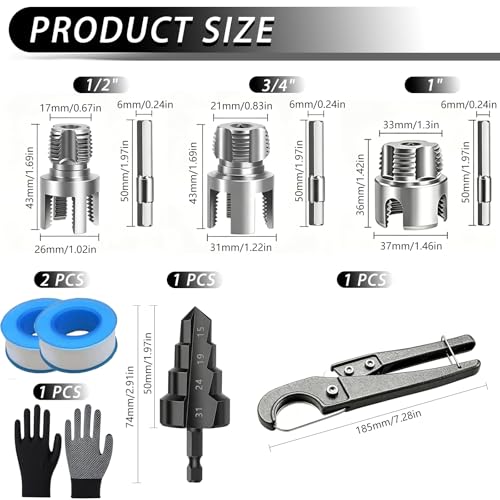8PCS Internal & External PVC Pipe Threader Tool Set with Step Drill Bits