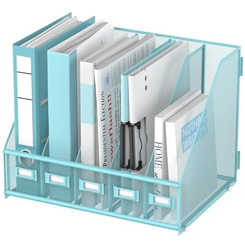 SUPEASY Desk Organizers Metal Desk Magazine File Holder with 5 Vertical Compartments Rack File Organizer for Office Desktop, Classroom, Home Workspace, Blue Plus - color: Blue, size: Large